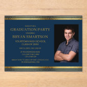 ネイビーモダンブルー金ゴールド卒業写真 アクリル招待状 (正面)