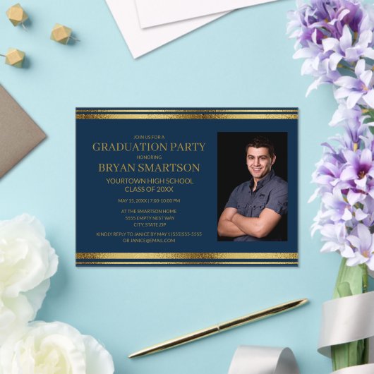 ネイビーモダンブルー金ゴールド卒業写真 アクリル招待状 (インサイチュ (ウェディング))