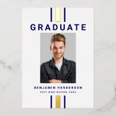 ネイビーモダンブルー金ゴールド卒業発表 箔招待状 (正面)