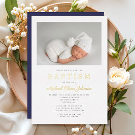 ネイビーモダンブルー金ゴールド台本フォトボーイバプテスマ 箔招待状