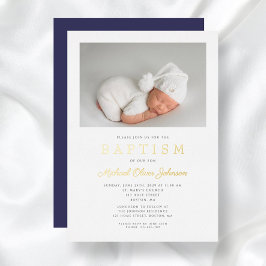 ネイビーモダンブルー金ゴールド台本フォトボーイバプテスマ 箔招待状