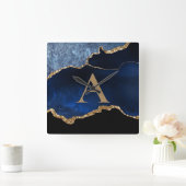 ネイビーモダンブルー金ゴールド大理石グリッターモノグラム スクエア壁時計 (ホーム)