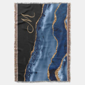 ネイビーモダンブルー金ゴールド大理石グリッターモノグラム スローブランケット (正面縦)