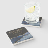 ネイビーモダンブルー金ゴールド大理石グリッター事務所 ストーンコースター (横)