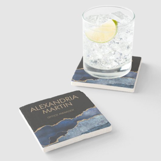 ネイビーモダンブルー金ゴールド大理石グリッター事務所 ストーンコースター (横)
