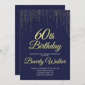 ネイビーモダンブルー金ゴールド60th誕生日パーティー 招待状 (正面/裏面)