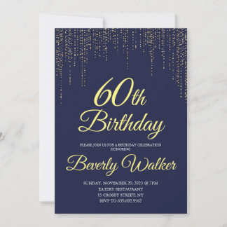 ネイビーモダンブルー金ゴールド60th誕生日パーティー 招待状
