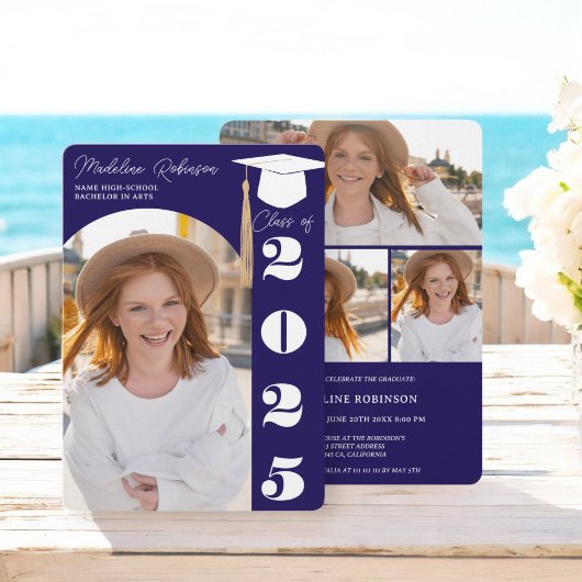 ネイビーモダンブルー4枚の写真卒業 招待状
