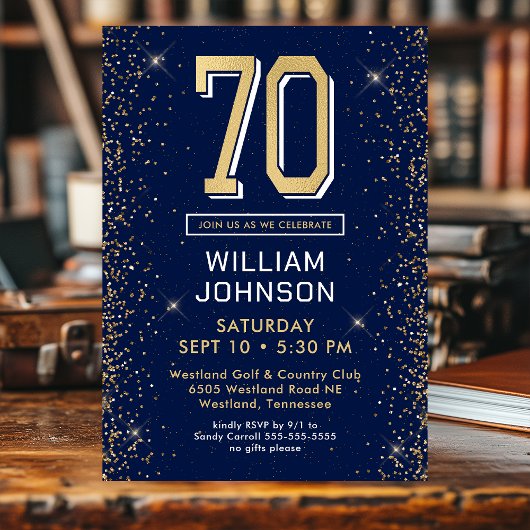 ネイビーモダンブルー70誕生日写真 招待状