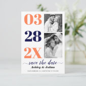 ネイビーモダンブルー、コーラルタイポグラフィ2枚の写真 セーブザデート (スタンド正面)