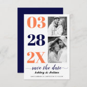 ネイビーモダンブルー、コーラルタイポグラフィ2枚の写真 セーブザデート (正面/裏面)