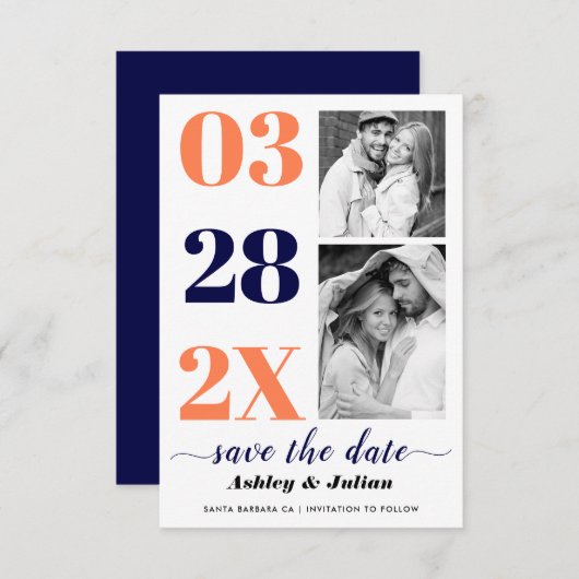 ネイビーモダンブルー、コーラルタイポグラフィ2枚の写真 セーブザデート (正面/裏面)