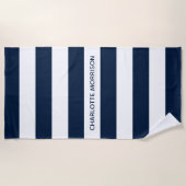 ネイビーモダンホワイトストライプ名前をカスタムするモノグラム ビーチタオル (正面)
