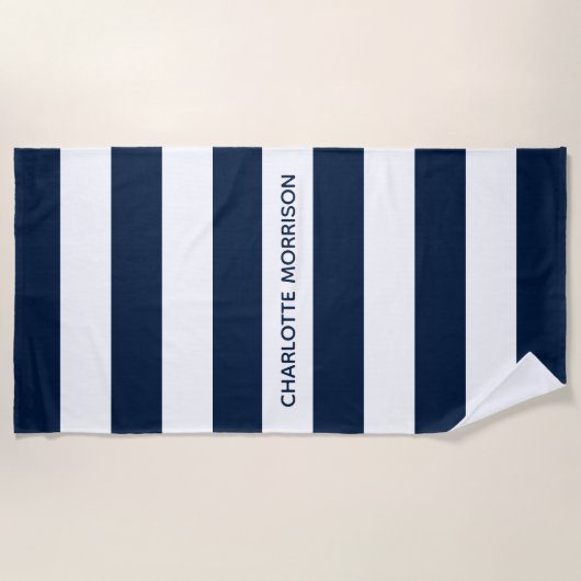 ネイビーモダンホワイトストライプ名前をカスタムするモノグラム ビーチタオル (正面)