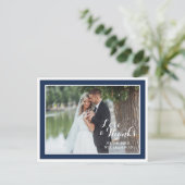 ネイビーモダンホワイト結婚の感謝の写真はがき ポストカード (スタンド正面)