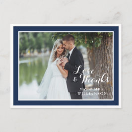 ネイビーモダンホワイト結婚の感謝の写真はがき ポストカード