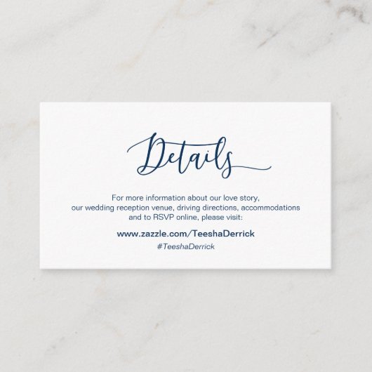 ネイビーモダンミニマリズムフォント、私たちの結婚詳細 エンクロージャーカード (正面)