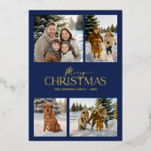 ネイビーモダンメリーエレガントクリスマス家族の写真 箔シーズンカード (正面)