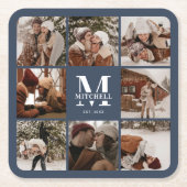 ネイビーモダンモノグラムイニシャルファミリー名&写真 スクエアペーパーコースター (正面)