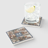 ネイビーモダンモノグラムイニシャルファミリー名&写真 ストーンコースター (横)