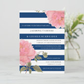 ネイビーモダンワイドストライプフローラピンク牡丹 招待状 (スタンド正面)