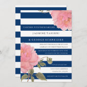 ネイビーモダンワイドストライプフローラピンク牡丹 招待状 (正面/裏面)