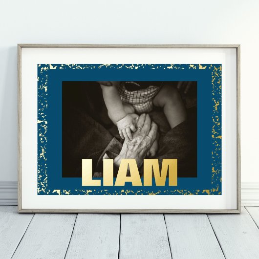 ネイビーモダン文字はっきりした金ゴールドスペックルフレームフォト 箔ポスター