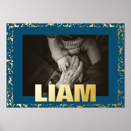 ネイビーモダン文字はっきりした金ゴールドスペックルフレームフォト 箔ポスター (正面)