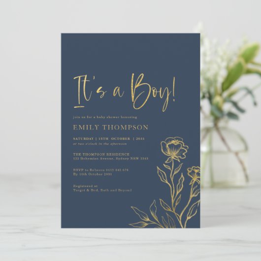 ネイビーモダン金ゴールドボタニカルボーイ赤ちゃんシャワー 招待状 (スタンド正面)