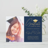 ネイビーモダン金ゴールド台本写真大学卒業 案内状 (スタンド正面)