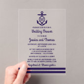 ネイビーモノグラムいかり航海のウェディングシャワー アクリル招待状 (インサイチュ (ポータブル))