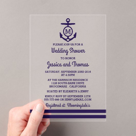 ネイビーモノグラムいかり航海のウェディングシャワー アクリル招待状 (インサイチュ (ポータブル))