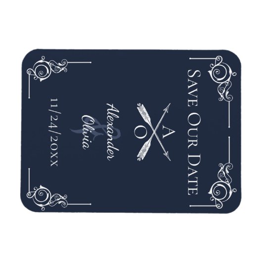 ネイビーモノグラムと矢印の日付を保存 マグネット (横)