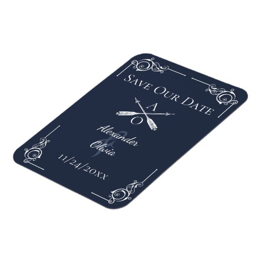 ネイビーモノグラムと矢印の日付を保存 マグネット (左側)