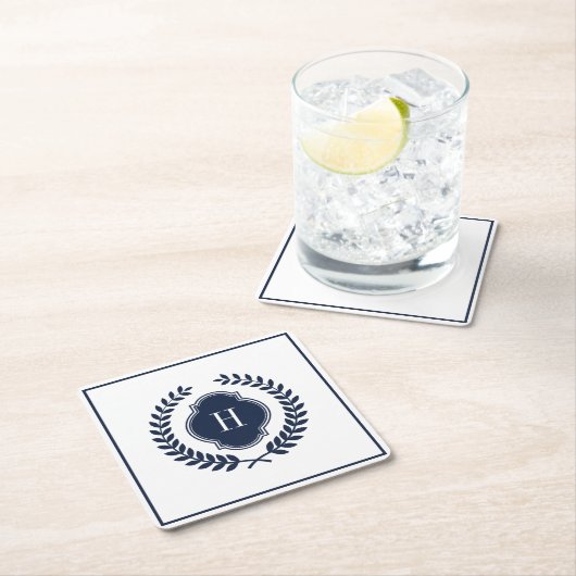 ネイビーモノグラムのブルークレストリース スクエアペーパーコースター (インサイチュ)
