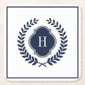 ネイビーモノグラムのブルークレストリース スクエアペーパーコースター (正面)