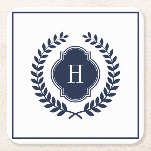 ネイビーモノグラムのブルークレストリース スクエアペーパーコースター (正面)