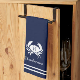 ネイビーモノグラムのブルーホワイトカニ航海の キッチンタオル