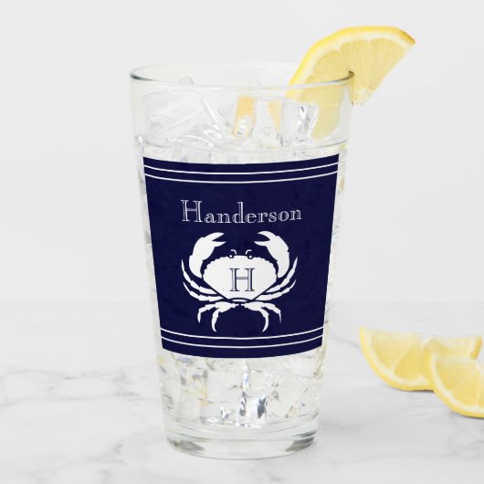 ネイビーモノグラムのブルーホワイトカニ航海の タンブラーグラス (アイス裏面)