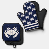 ネイビーモノグラムのブルーホワイトカニ航海の 鍋つかみ&鍋敷きセット (正面/裏面)