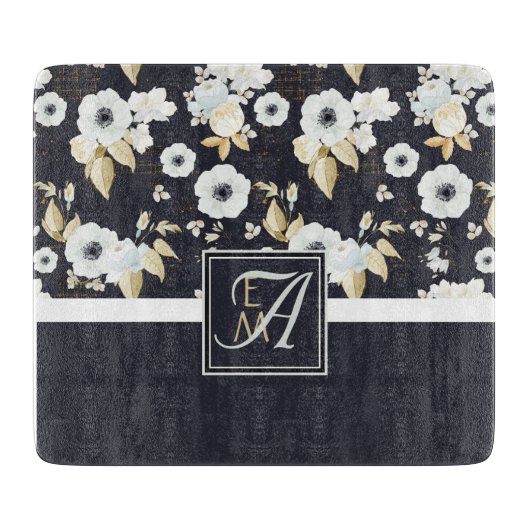 ネイビーモノグラムのブルーホワイトフローラデコールアネモン カッティングボード (正面)