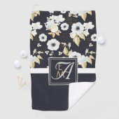 ネイビーモノグラムのブルーホワイトフローラデコールアネモン ゴルフタオル (インサイチュ)