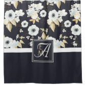 ネイビーモノグラムのブルーホワイトフローラデコールアネモン シャワーカーテン (正面)