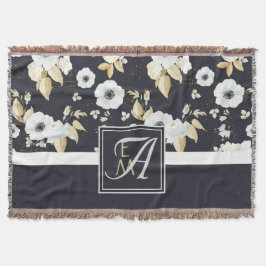 ネイビーモノグラムのブルーホワイトフローラデコールアネモン スローブランケット