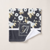 ネイビーモノグラムのブルーホワイトフローラデコールアネモン バスタオルセット (ウォッシュタオル)