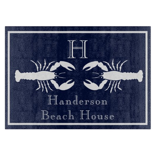 ネイビーモノグラムのブルーホワイトロブスター航海の カッティングボード (正面)