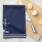 ネイビーモノグラムのブルーホワイトロブスター航海の キッチンタオル (四つ折り)
