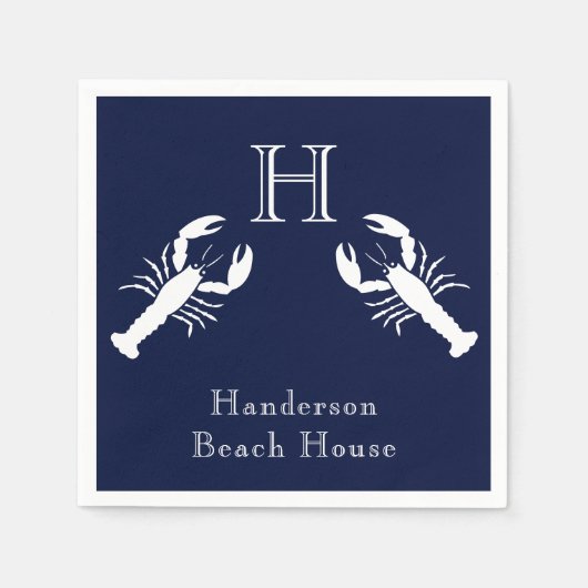 ネイビーモノグラムのブルーホワイトロブスター航海の スタンダードカクテルナプキン (正面)