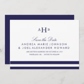 ネイビーモノグラムの結婚式の招待状（保存版） セーブザデート (正面/裏面)