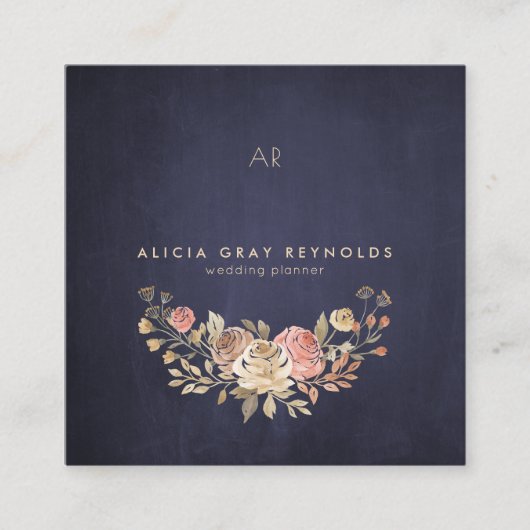 ネイビーモノグラムウォーターカラーフローラウェディングプランナー スクエア名刺 (正面)